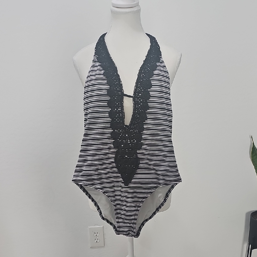 Chic Black and White Striped Swimsuit